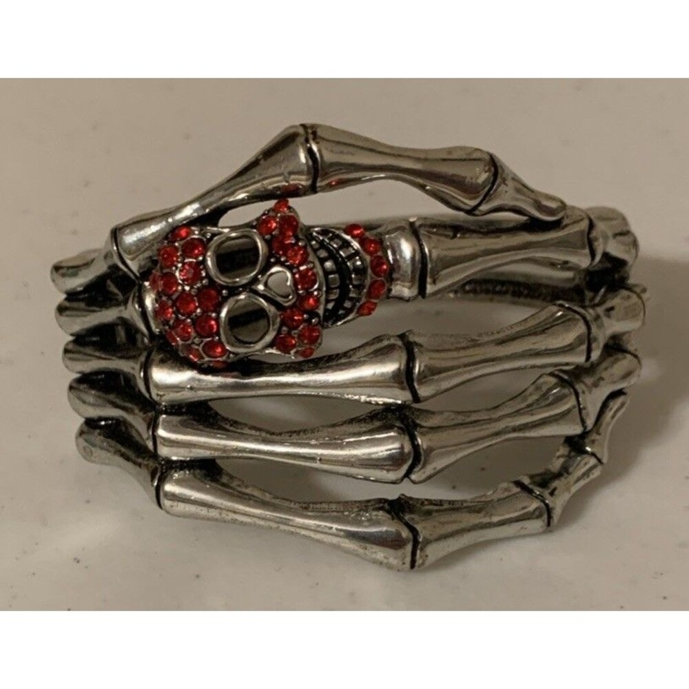Gothic Skull Skeleton Hand Hinged Bangle Bracelet Silver Tone Rinestones